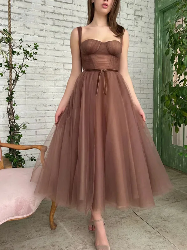 Can't Miss trendy wrap dresstrendy wrap dressTea Length Brown Tulle Prom Homecoming Dresses, Brown Formal Graduation Evening Dresses SP2481