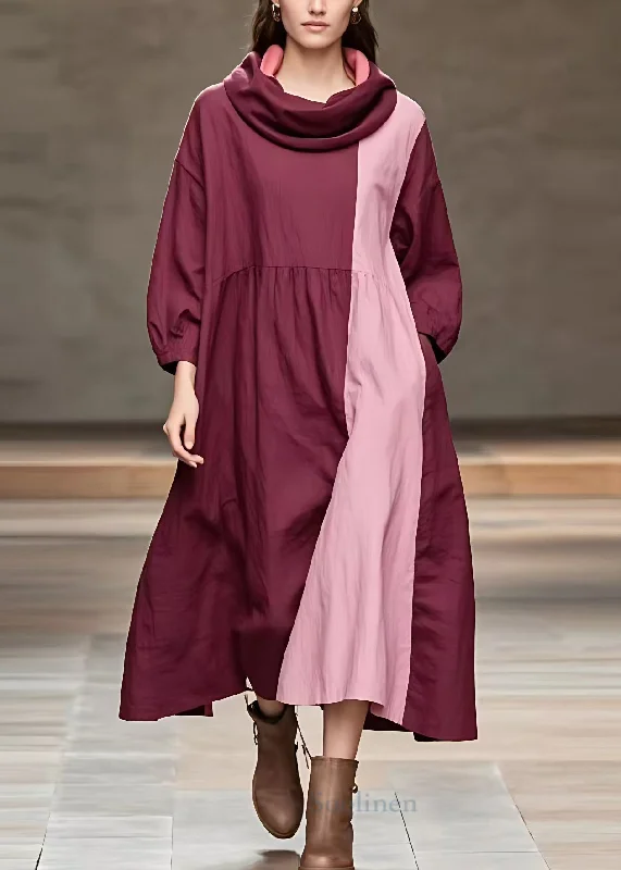 silk dressFrench Wine Red Pockets Patchwork Cotton Long Dress Long Sleeve