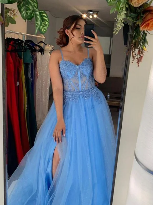 Online Specials bodycon dressbodycon dressSweetheart Neck Blue Lace Long Prom Dresses with High Slit, Blue Lace Formal Dresses, Blue Tulle Evening Dresses SP3005
