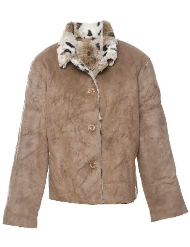 cold weather jacketBrown Suede & Animal Design Shearling Lined Jacket - L