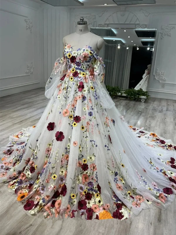 Deep Discounts puff sleeve dresspuff sleeve dressGorgeous White Long Prom Dresses with Lace Appliques, White 3D Floral Formal Evening Dresses with Train SP2930