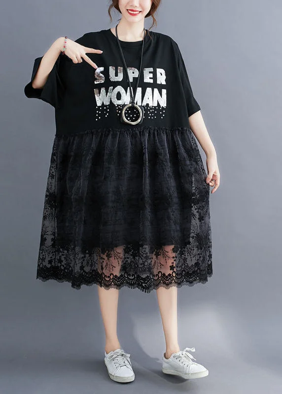 Don’t Miss Out comfy maxi dresscomfy maxi dressFashion Black O-Neck Lace Patchwork Cotton Holiday Dress Half Sleeve