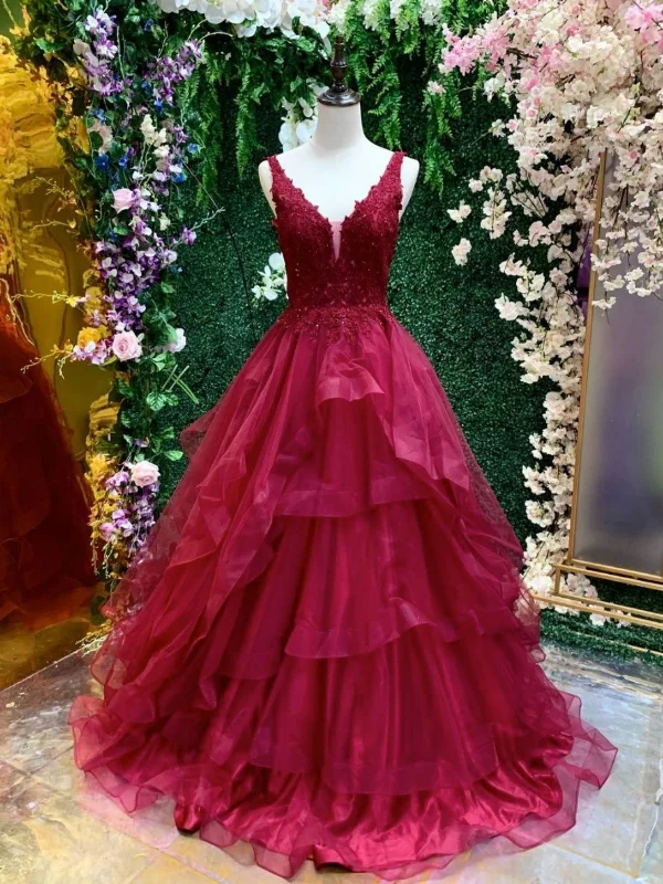 Deal Dash ashionable dressashionable dressV Neck Open Back Fluffy Burgundy Lace Long Prom Dresses, Burgundy Lace Formal Dresses, Burgundy Evening Dresses SP2857