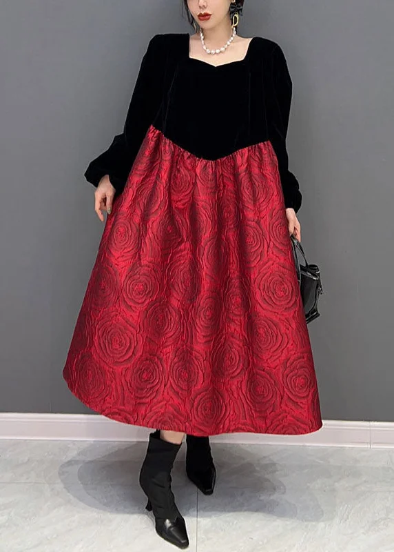 Price Drop long sleeve dresslong sleeve dressColorblock U Neck Puff Sleeve Velour Patchwork Silk princess Dress