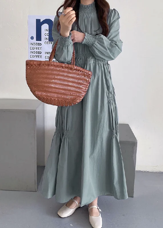 Hot Deal formal dressformal dressDIY Light Blue Stand Collar Wrinkled Patchwork Cotton Dresses Spring