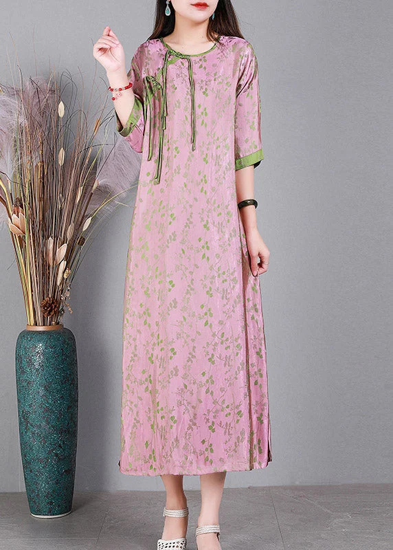 chic slip dressJacquard Pink O-Neck Print Button Silk Long Dress Half Sleeve