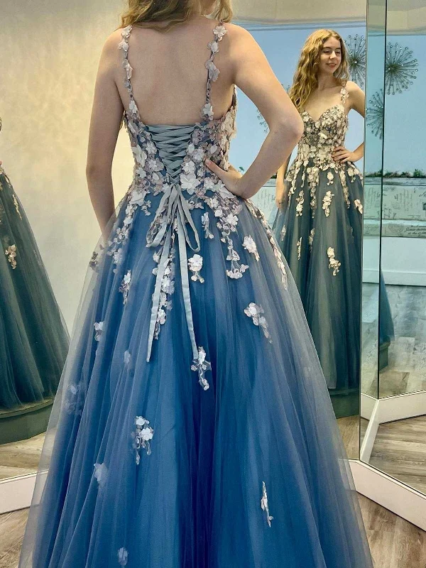 Price Smash lace dresslace dressV Neck Smoke Blue Tulle Long Prom Dresses with Appliques, Smoke Blue Formal Evening Dresses SP2580