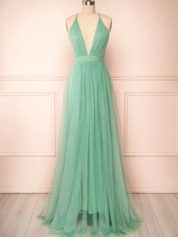 Weekend Flash Sale cocktail dresscocktail dressA Line V Neck Open Back Sage Tulle Long Prom Dresses, Backless Sage Formal Graduation Evening Dresses SP2722