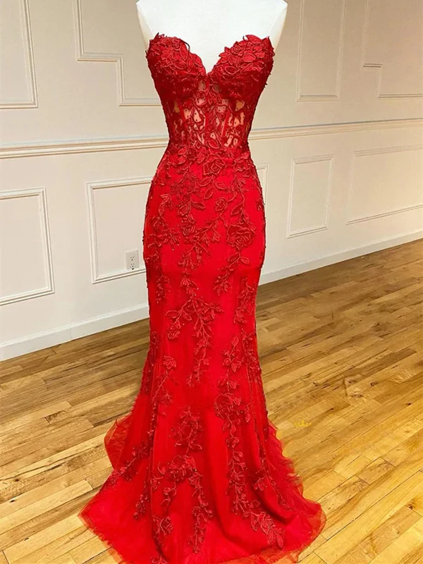 Holiday Sale cocktail party dresscocktail party dressOpen Back Mermaid Strapless Red Lace Long Prom Dresses with Train, Mermaid Red Formal Dresses, Red Lace Evening Dresses SP2388