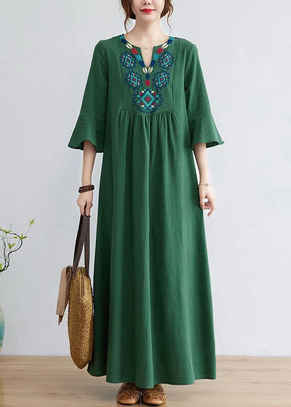 Best Deals trendy mini dresstrendy mini dressGreen Cotton Long Dress Embroideried Exra Large Hem Flare Sleeve