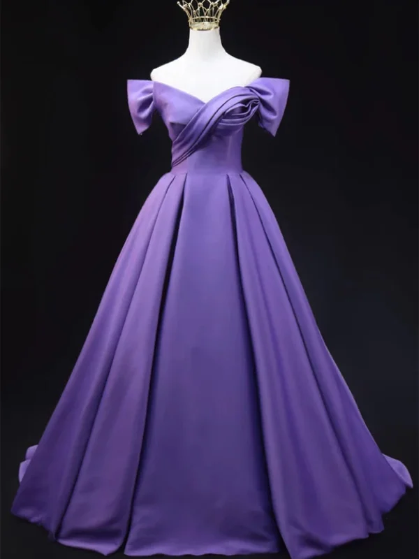YEAR-End Sale lace dresslace dressOff Shoulder Purple Satin Long Prom Dresses, Off the Shoulder Formal Dresses, Purple Evening Dresses SP2916