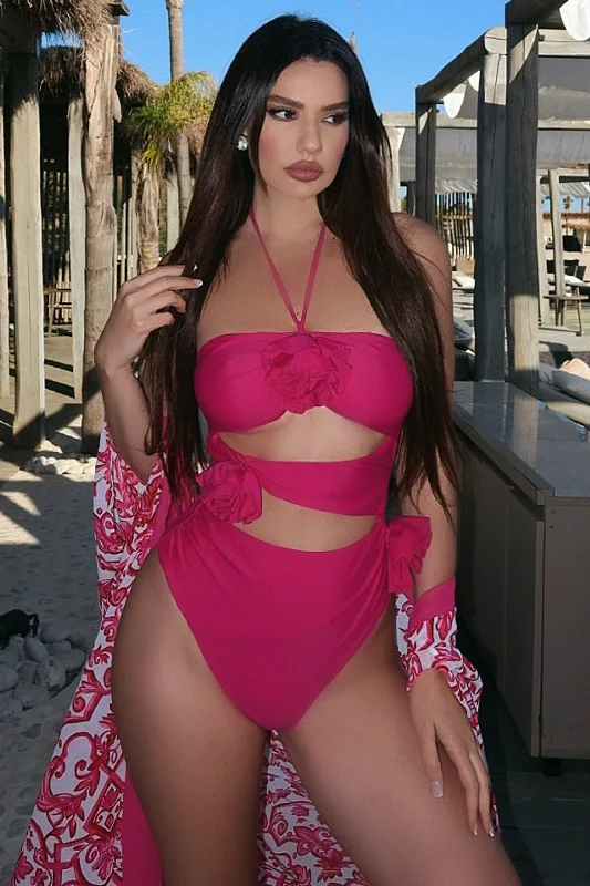Best Deals Monaco | Dark Pink Halter-Neck Swimsuit With Corsages