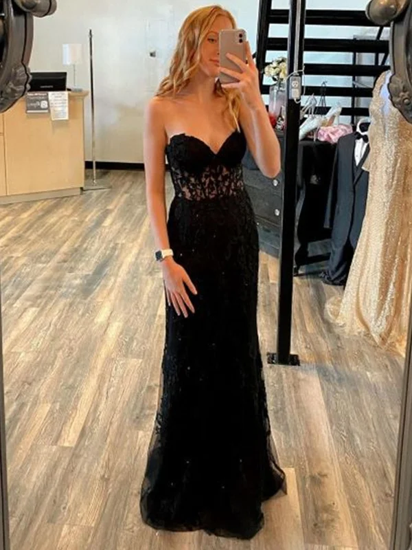 Special Promotion long-sleeve floral dresslong-sleeve floral dressMermaid Open Backe Black Lace Long Prom Dresses, Strapless Black Formal Dresses, Black Lace Evening Dresses SP2236
