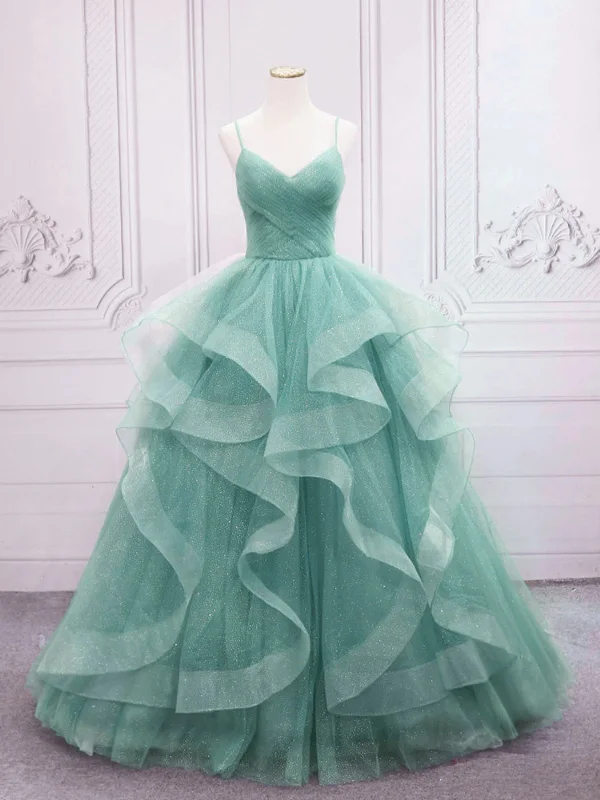 Don't Wait layered dresslayered dressV Neck Open Back Green Tulle Long Prom Dresses, Shiny Green Formal Evening Dresses, Green Ball Gown SP2562 Don't Wait layered dresslayered dressV Neck Open Back Green Tulle Long Prom Dresses, Shiny Green Formal Evening Dresses, Green Ball Gown SP2562