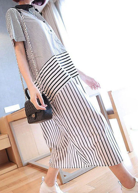 Mega Sale silk dresssilk dressStylish Black Peter Pan Collar Patchwork Striped Cotton Shirt Dress Summer