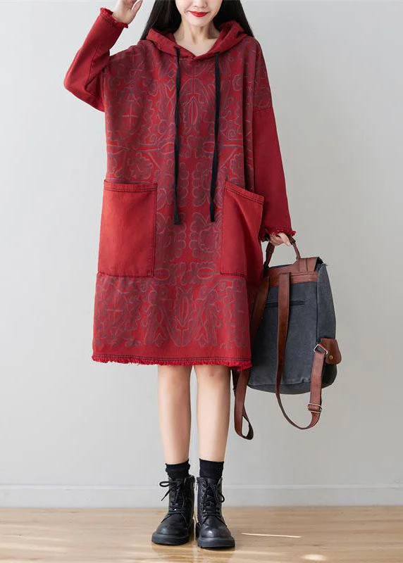 Anniversary Sale bodycon dressbodycon dressItalian Red Hooded Patchwork Denim Mid Dress Spring