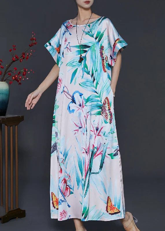 high-waisted dressItalian Green Leaf Print Silk Maxi Dresses Summer