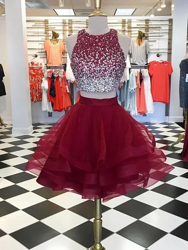Today Only silk dresssilk dressCute Round Neck 2 Pieces Beading Burgundy Tulle Short Prom Dresses, 2 Pieces Burgundy Homecoming Dresses, Formal Dresses