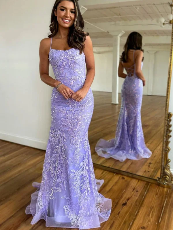 Special Savings sleeveless dresssleeveless dressBackless Mermaid Purple Lace Long Prom Dresses, Mermaid Purple Formal Dresses, Purple Lace Evening Dresses SP2587