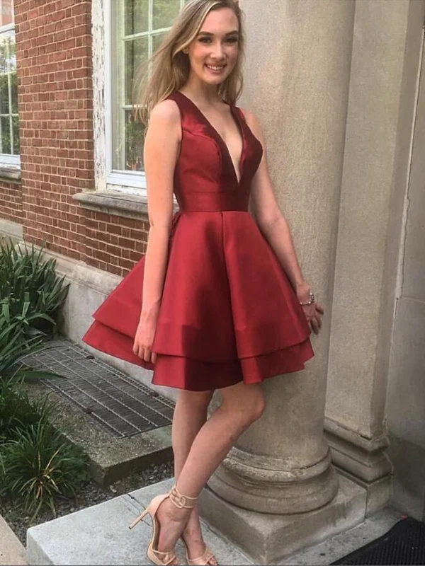 Bargain Prices fitted cocktail dressfitted cocktail dressV Neck Layered Burgundy Satin Short Prom Dresses, V Neck Burgundy Homecoming Dresses, Burgundy Formal Evening Dresses