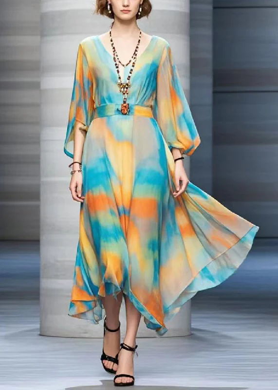 casual slip dressBohemian Cinched Tie Dye Chiffon Maxi Dresses Fall