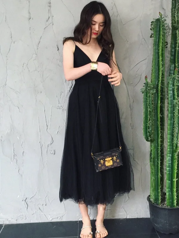 Best Seller satin dresssatin dressSimple V Neck Open Back Black Tea Length Prom Homecoming Dresses, Thin Straps Black Formal Graduation Evening Dresses