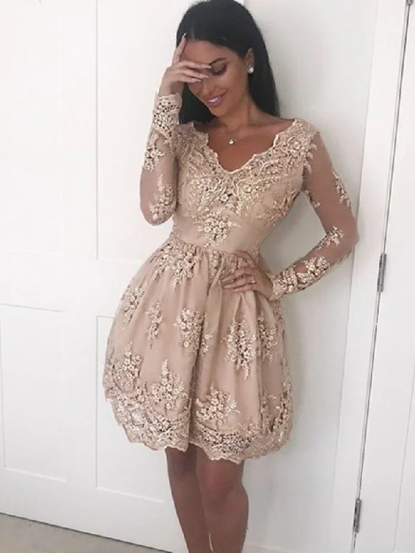 Closeout formal dressformal dressChampagne Long Sleeves Lace Short Prom Dresses, Long Sleeves Formal Dresses, Homecoming Dresses