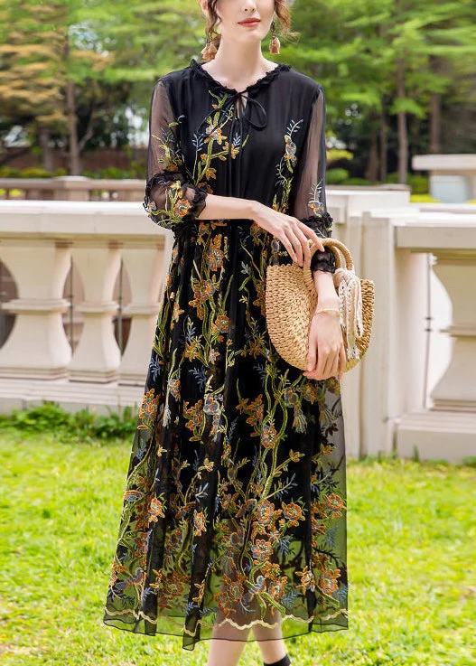 casual summer dressStylish Black Embroideried Hollow Out Silk Maxi Dresses Summer