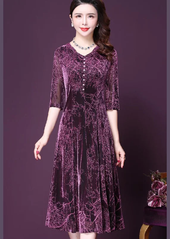 fitted cocktail dressStylish Purple O-Neck Print Button Tulle Holiday Dress Half Sleeve