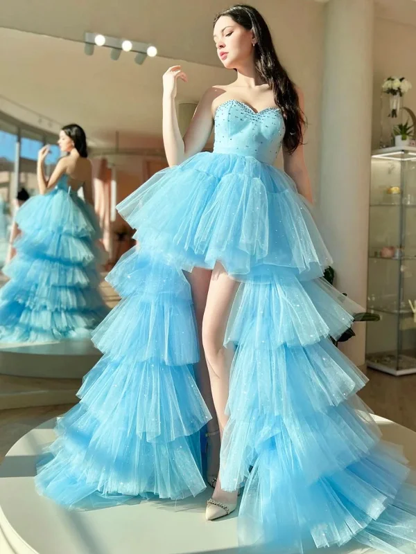 Exclusive Offers ashionable dressashionable dressOpen Back Strapless Beaded High Low Blue Tulle Long Prom Dresses, Light Blue Formal Dresses, High Low Blue Evening Dresses SP2793