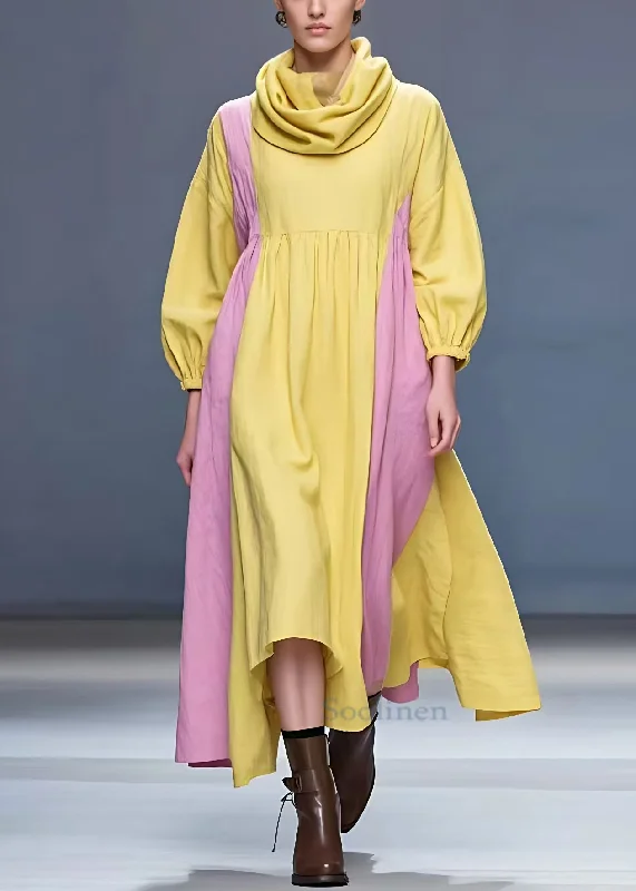 party dressNew Yellow Turtleneck Solid Patchwork Cotton Long Dress Fall