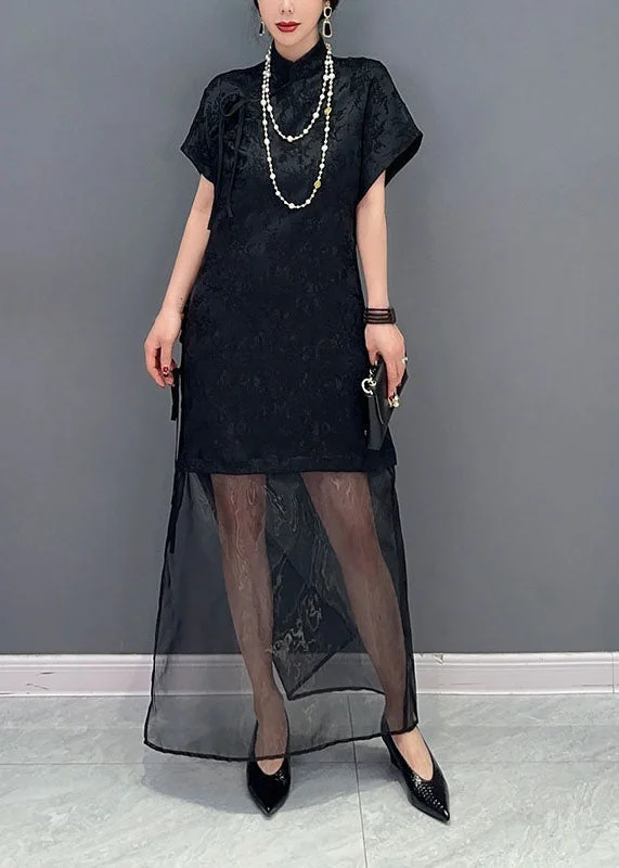 Quick Sale wrap-around dresswrap-around dressChinese Style Black Jacquard Tulle Patchwork Silk Long Dress Summer