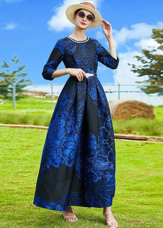 playful dressFrench Blue O-Neck Jacquard Sashes Long Dresses Bracelet Sleeve