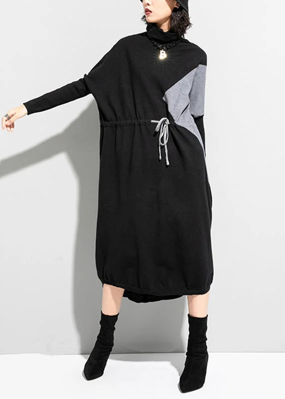 satin midi dressUnique Black Grey Turtleneck Patchwork Drawstring Tie Waist Knit Holiday Dress Long Sleeve