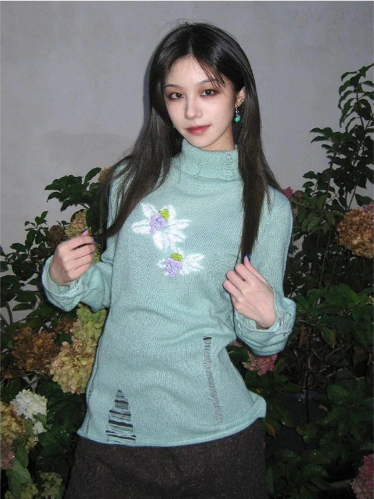 YEAR-End Sale Lunivop Women Y2k Aesthetic Slim Hole Knitwear Sweet Sweaters Vintage Jacquard Streetwear Jumpers Grunge Turtleneck Harajuku Pullovers