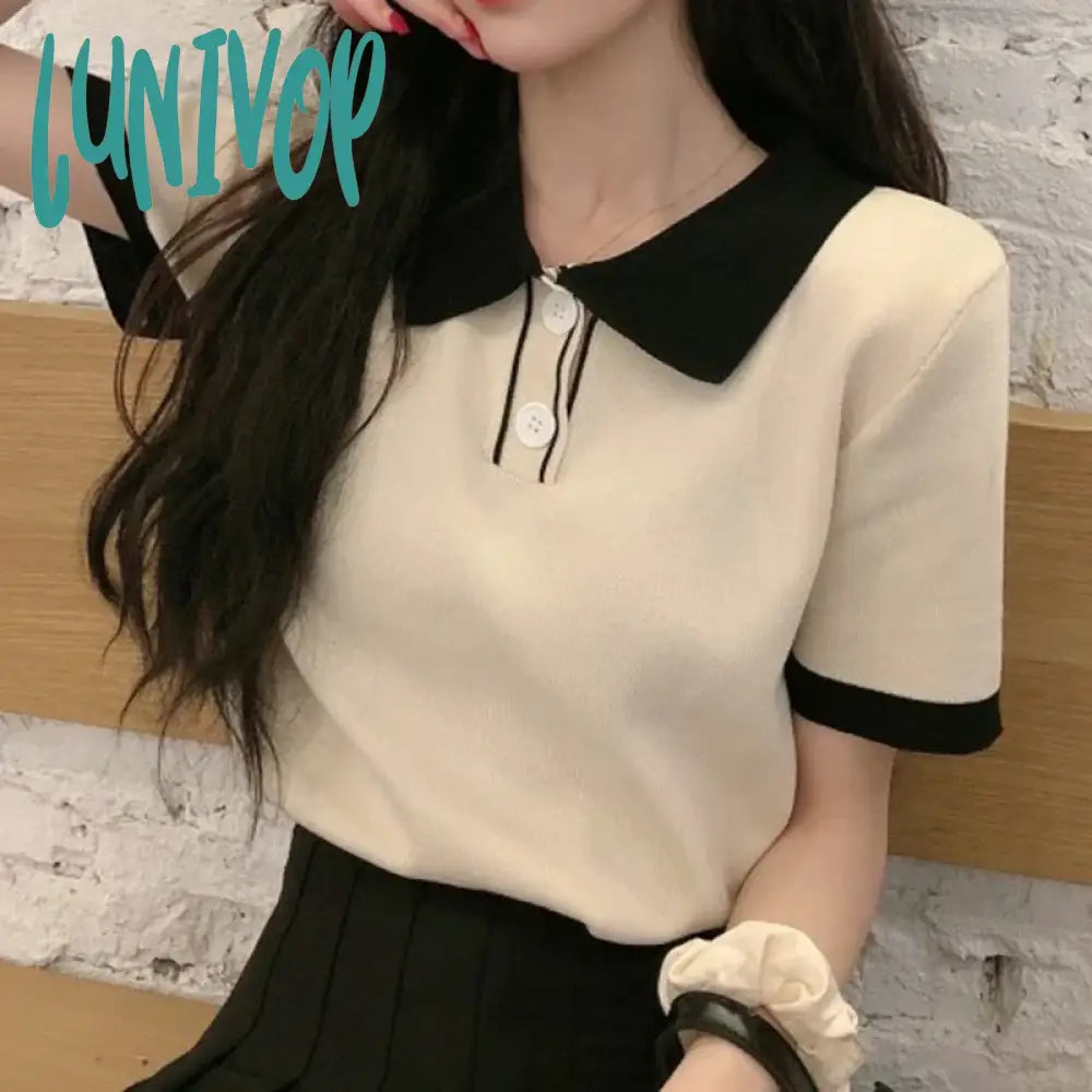 Limited Time Discount Lunivop Women's T-shirt Lapel Short Sleeve Fashion Tops 2024 Female Slim Knitted Tee Skinny Casual Women Summer Pullover Top
