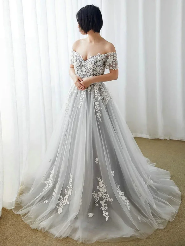 Mega Sale pleated maxi dresspleated maxi dressOff Shoulder Gray Lace Long Prom Dresses, Off the Shoulder Gray Formal Dresses, Gray Lace Evening Dresses SP2521