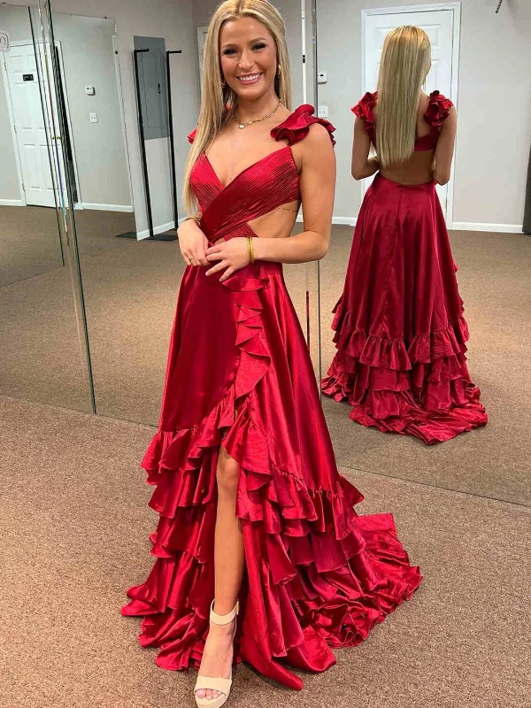 New Markdowns lace dresslace dressUnique V Neck Open Back Red Long Prom Dresses with High Slit, Long Red Formal Graduation Evening Dresses SP2838
