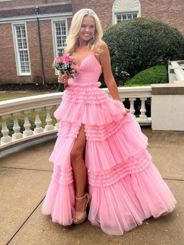 Extra Savings one-shoulder dressone-shoulder dressGorgeous V Neck Layered Pink Tulle Long Prom Dresses with High Slit, Long Pink Tulle Formal Evening Dresses SP2661