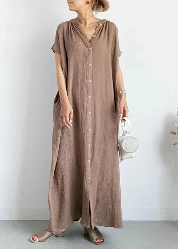 Super Sale comfy dresscomfy dressFashion Khaki V Neck Patchwork Cotton Ankle Dresses Summer Super Sale comfy dresscomfy dressFashion Khaki V Neck Patchwork Cotton Ankle Dresses Summer