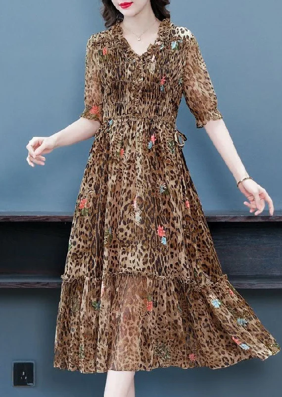 Season Finale Sale textured dresstextured dressArt Coffee Ruffled Patchwork Leopard Print Silk Dress Summer