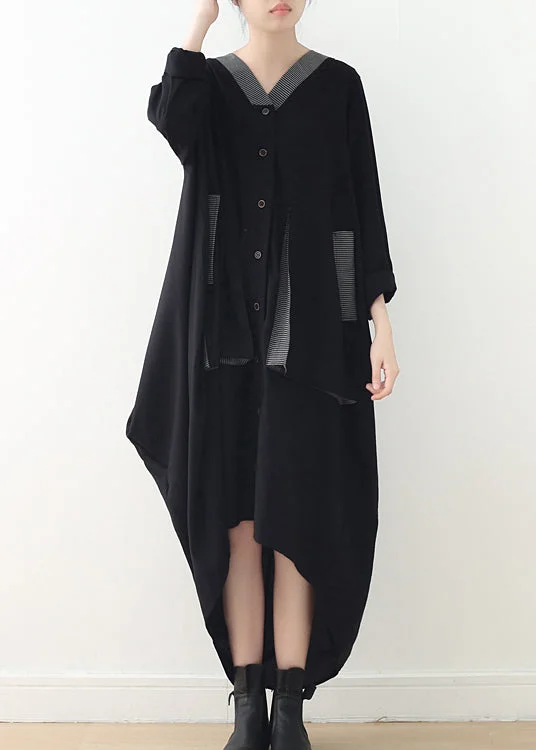 Discount Extravaganza printed dressprinted dressWomen Black V Neck Asymmetrical Low High Design Button Maxi Dress Fall