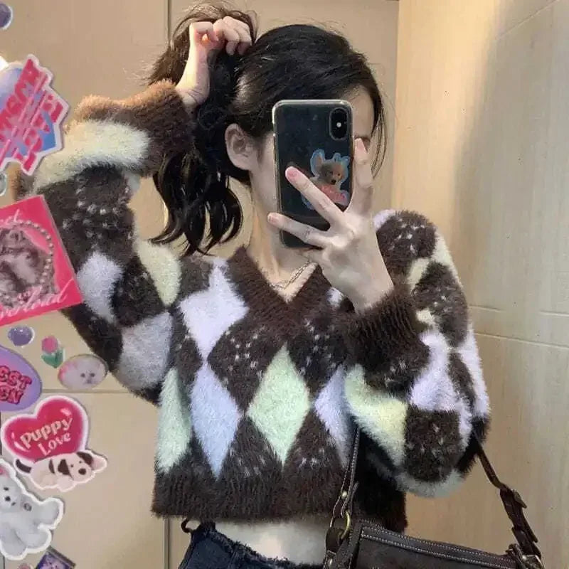 Limited Availability Lunivop V-Neck Slim Fit Sweater Mujer Y2K Korean Preppy Style High Waist Crop Tops Knitted Women Contrast Color Short Hotsweet Pullovers
