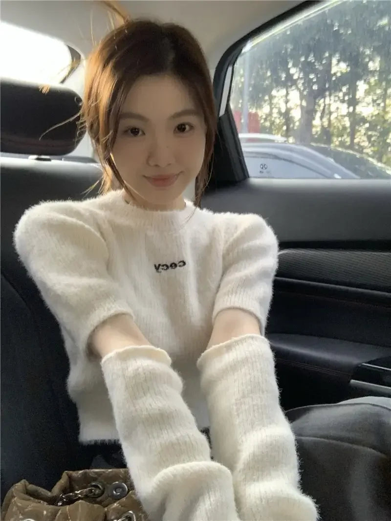 Don't Wait Lunivop White Knitted Hotsweet O Neck Sweaters Pullovers Oversleeve Women Crop Tops Mink Cashmere Y2k Letter Print Slim Fit High Waist