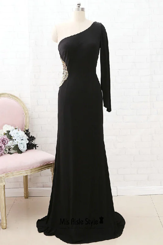 chic shift dressSingle Sleeve Black Wedding Guest Dress