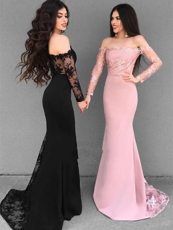 Exclusive Offers floral dressfloral dressOff Shoulder Long Sleeves Mermaid Lace Black/Pink Prom Dresses, Lace Black Bridesmaid Dresses, Formal Dresses