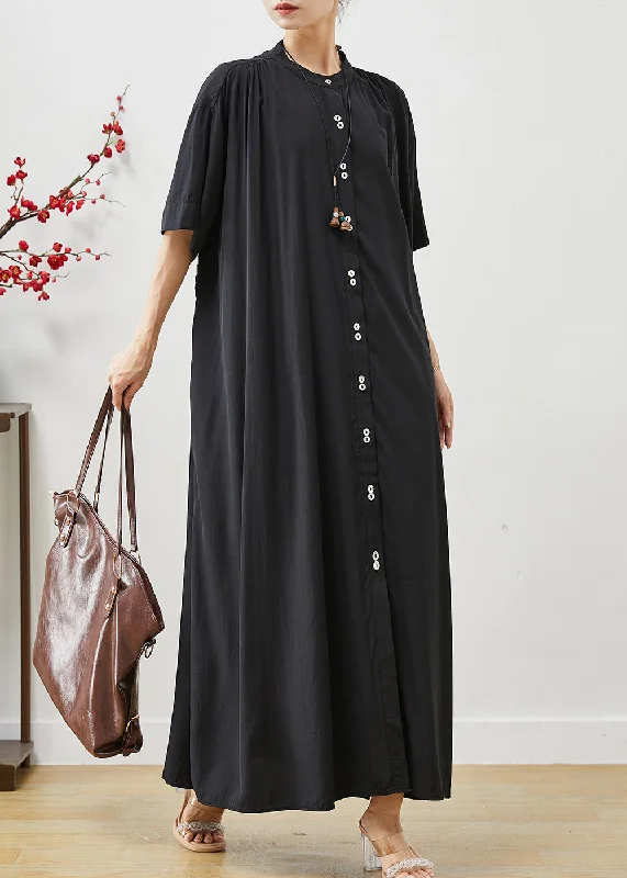 wrap dressBlack Cotton Robe Dresses Stand Collar Oversized Summer