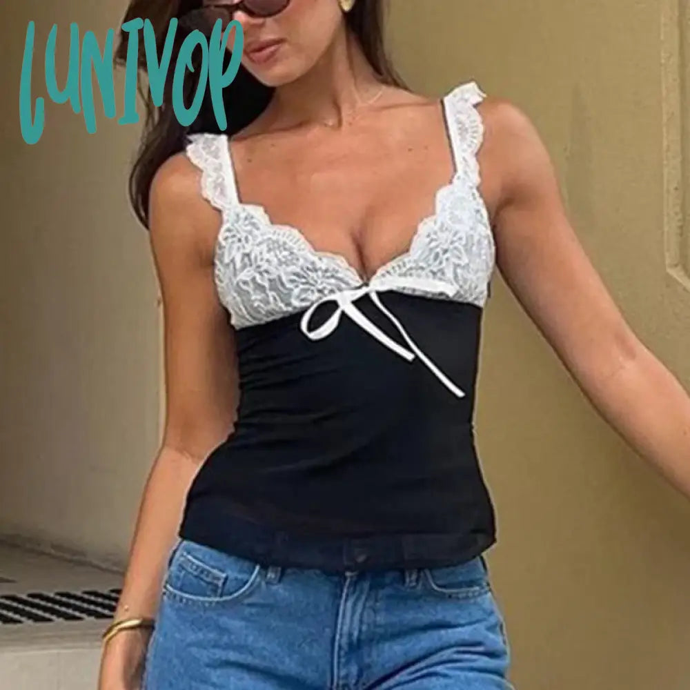Today Only Lunivop V-neck Lace Suspender Top 2024 Summer Sexy Stitching Contrasting Color Vest Top Women's Hot Girl Fashion T-shirt Pullover