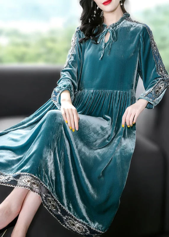 denim dressWomen Peacock Blue Ruffled Embroideried Patchwork Silk Velour Dress Spring