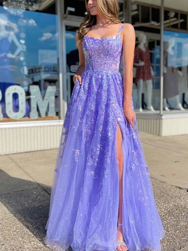 Unbeatable Prices denim dressdenim dressOpen Back Lavender Lace Long Prom Dresses with Sequins, Lavender Lace Formal Dresses, Lavender Evening Dresses with High Slit SP2815